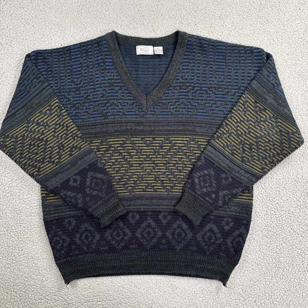 VTG Sears The Mens Store Sweater Men‎ 2XL Abstract Multicolor Acrylic V-Neck